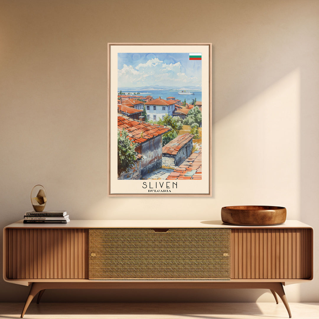 Sliven Bulgaria Travel Poster Framed Canvas Print, Watercolor Painting, Scenic Wall Art, Home Decor, Bulgarian Landscape, Artistic Decor