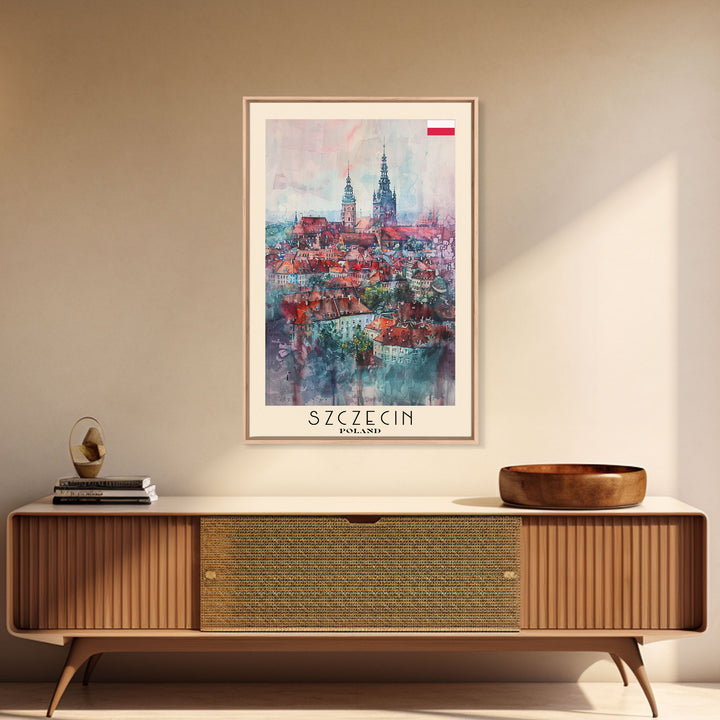 Szczecin Poland Travel Poster Framed Canvas Print, Watercolor Painting, Urban Wall Art, Home Decor, Polish Cityscape, Modern Decor
