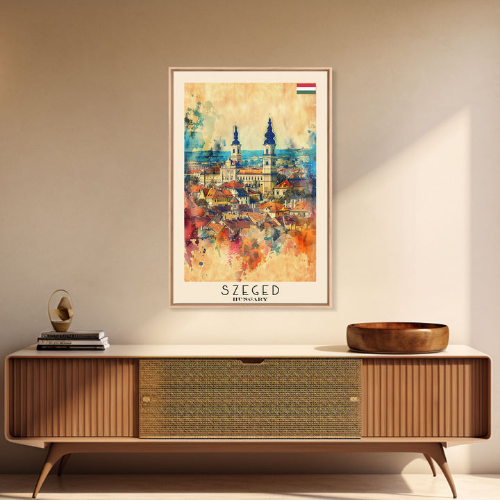 Szeged Hungary Travel Poster Framed Canvas Print, Watercolor Painting, Scenic Wall Art, Home Decor, Hungarian Cityscape, Vibrant Art