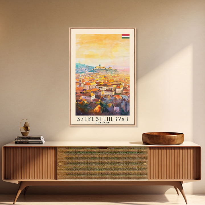 Szkesfehrvar Hungary Travel Poster Framed Canvas Print, Watercolor Painting, Scenic Wall Art, Home Decor, Hungarian Architecture, Artistic Decor