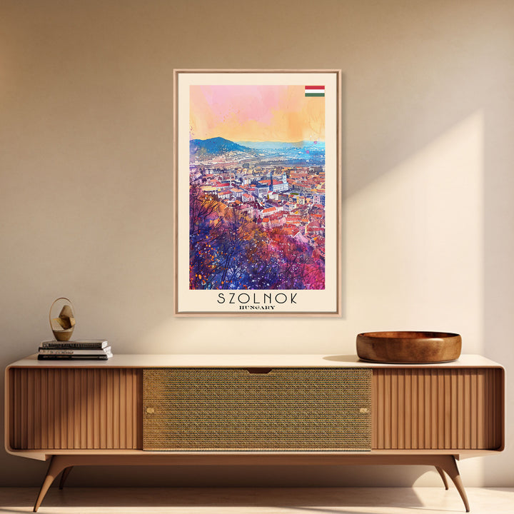 Szolnok Hungary Travel Poster Framed Canvas Print, Watercolor Painting, Scenic Wall Art, Home Decor, Hungarian Landscape, Traditional Art
