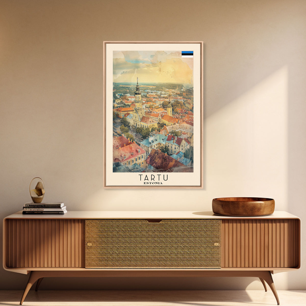 Tartu Estonia Travel Poster Framed Canvas Print, Watercolor Painting, Scenic Wall Art, Home Decor, Estonian Cityscape, Modern Decor