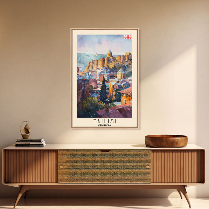Tbilisi Georgia Travel Poster Framed Canvas Print, Watercolor Painting, Urban Wall Art, Home Decor, Georgian Cityscape, Artistic Decor