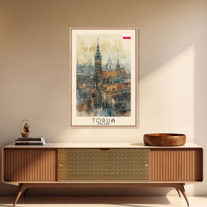 Torun Poland Travel Poster Framed Canvas Print, Watercolor Painting, Historic Wall Art, Home Decor, Polish Cityscape, Medieval Art