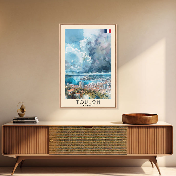 Toulon France Travel Poster Framed Canvas Print, Watercolor Painting, Coastal Wall Art, Home Decor, French Seaside, Nautical Decor