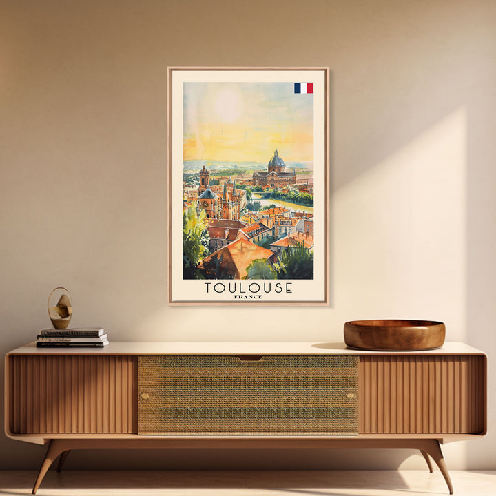 Toulouse France Travel Poster Framed Canvas Print, Watercolor Painting, Urban Wall Art, Home Decor, French Architecture, Stylish Decor