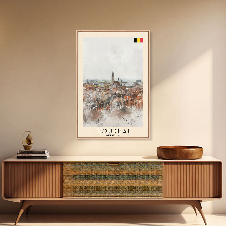 Tournai Belgium Travel Poster Framed Canvas Print, Watercolor Painting, Historic Wall Art, Home Decor, Belgian Cityscape, Heritage Art