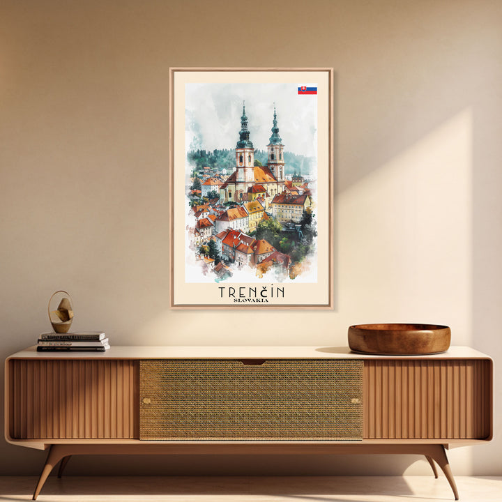 Trencin Slovakia Travel Poster Framed Canvas Print, Watercolor Painting, Scenic Wall Art, Home Decor, Slovakian Landscape, Alpine Decor