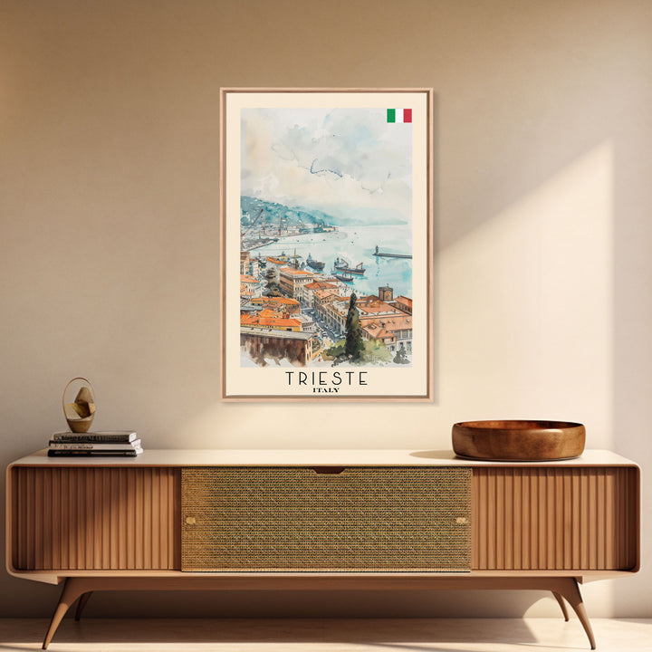 Trieste Italy Travel Poster Framed Canvas Print, Watercolor Painting, Coastal Wall Art, Home Decor, Italian Seaside, Nautical Art