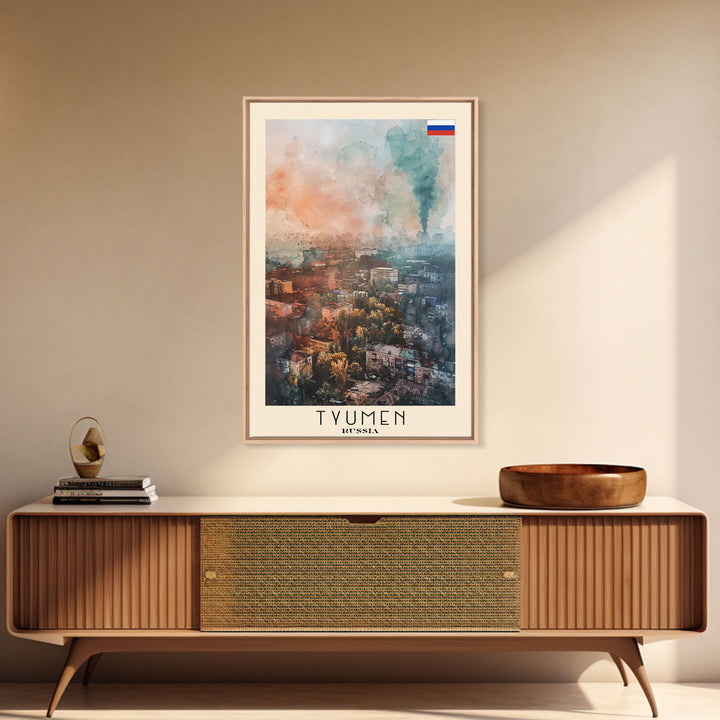 Tyumen Russia Travel Poster Framed Canvas Print, Watercolor Painting, Urban Wall Art, Home Decor, Russian Cityscape, Classic Art