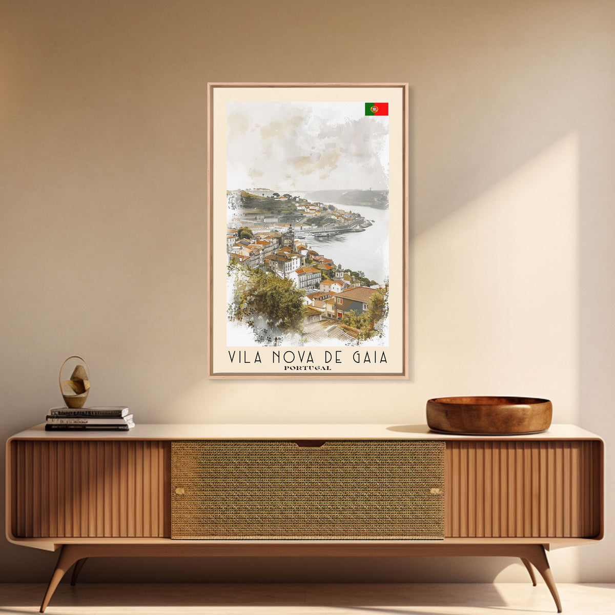 Vila Nova de Gaia Portugal Travel Poster Framed Canvas Print, Watercolor Painting, Scenic Wall Art, Home Decor, Portuguese Landscape, Vintage Art