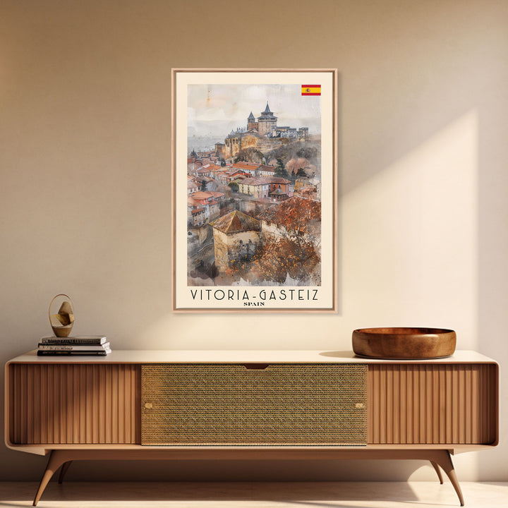 Vitoria Gasteiz Spain Travel Poster Framed Canvas Print, Watercolor Painting, Urban Wall Art, Home Decor, Spanish Cityscape, Trendy Art
