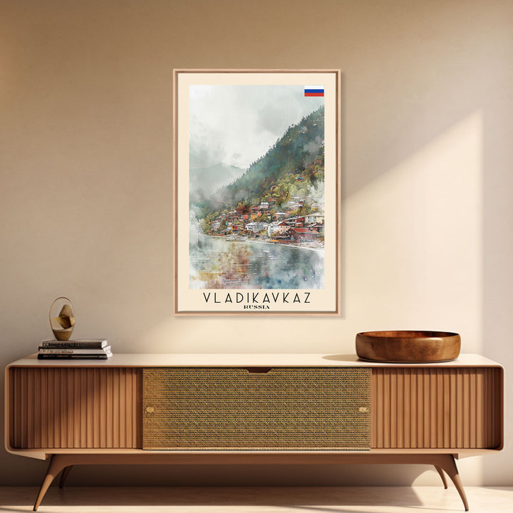 Vladikavkaz Russia Travel Poster Framed Canvas Print, Watercolor Painting, Scenic Wall Art, Home Decor, Russian Landscape, Vibrant Decor