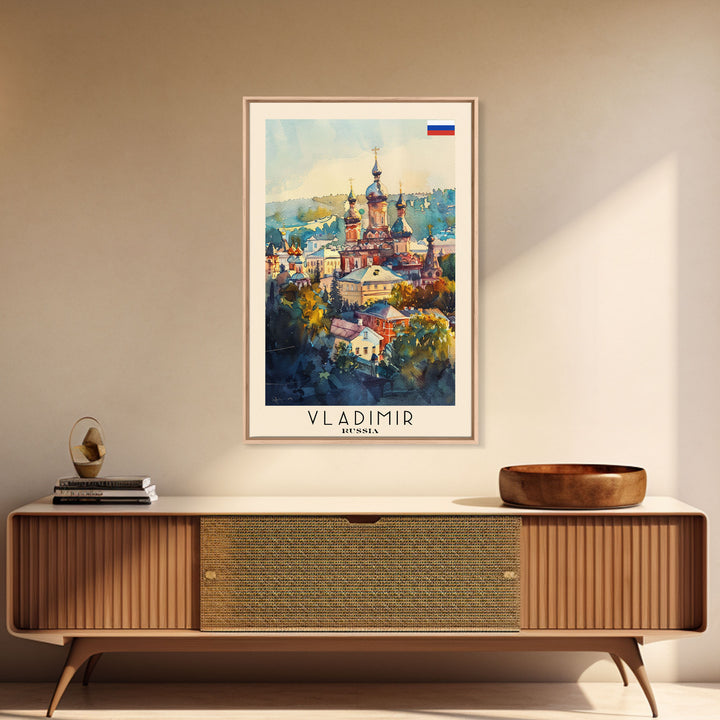 Vladimir Russia Travel Poster Framed Canvas Print, Watercolor Painting, Historic Wall Art, Home Decor, Russian Architecture, Classic Decor