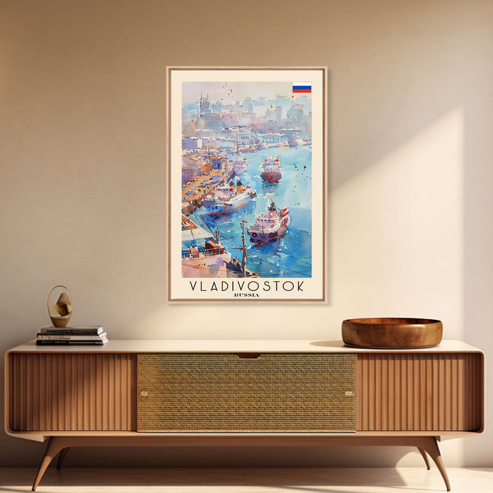 Vladivostok Russia Travel Poster Framed Canvas Print, Watercolor Painting, Coastal Wall Art, Home Decor, Russian Seaside, Nautical Art