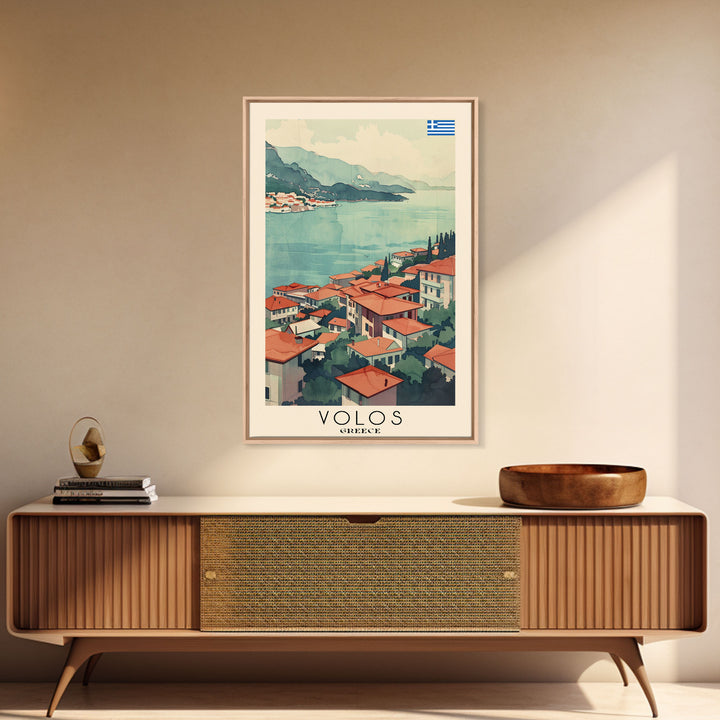 Volos Greece Travel Poster Framed Canvas Print, Watercolor Painting, Coastal Wall Art, Home Decor, Greek Seaside, Mediterranean Art