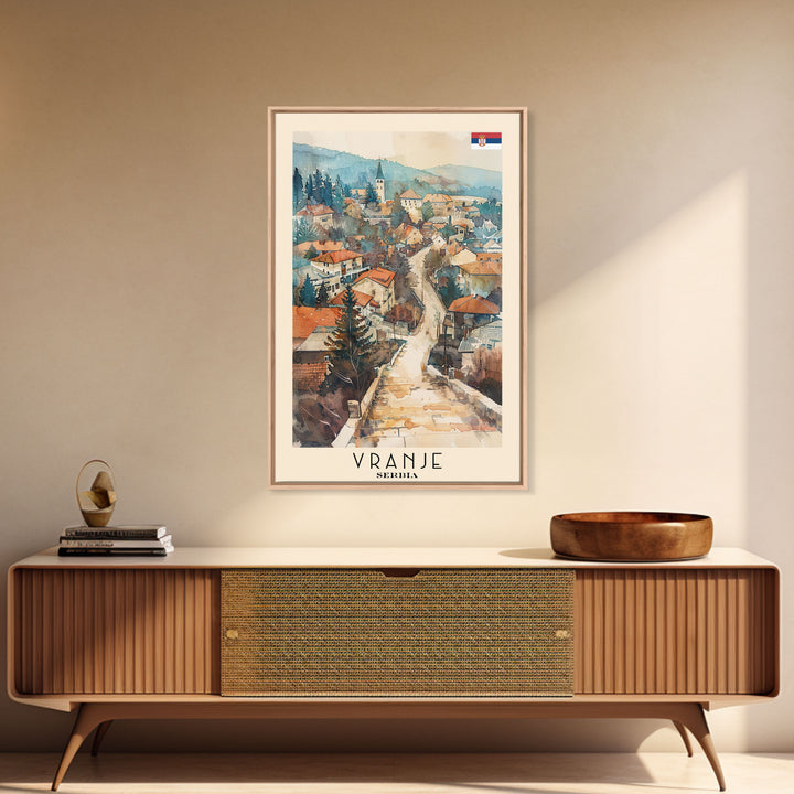 Vranje Serbia Travel Poster Framed Canvas Print, Watercolor Painting, Scenic Wall Art, Home Decor, Serbian Landscape, Traditional Art