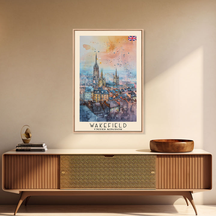 Wakefield United Kingdom Travel Poster Framed Canvas Print, Watercolor Painting, Urban Wall Art, Home Decor, British Cityscape, Elegant Decor