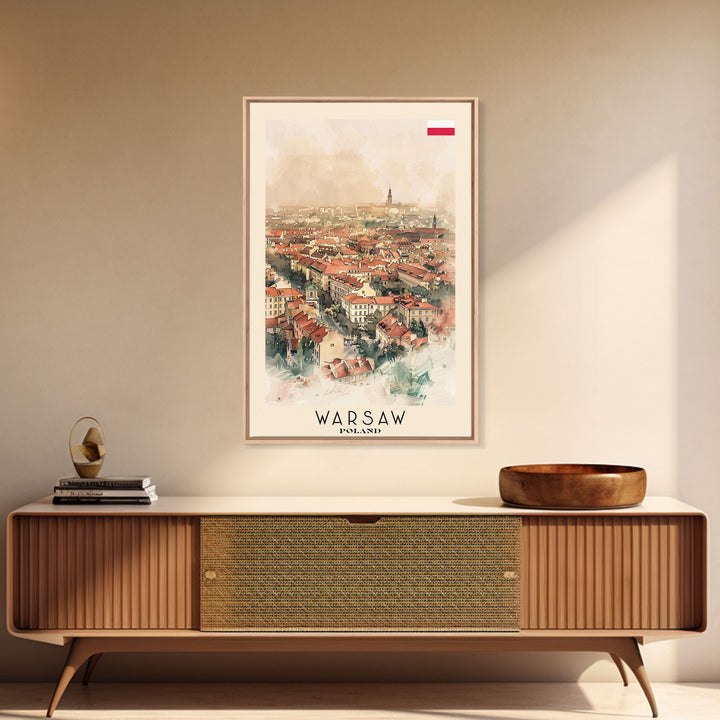 Warsaw Poland Travel Poster Framed Canvas Print, Watercolor Painting, Historic Wall Art, Home Decor, Polish Cityscape, Unique Gift Idea
