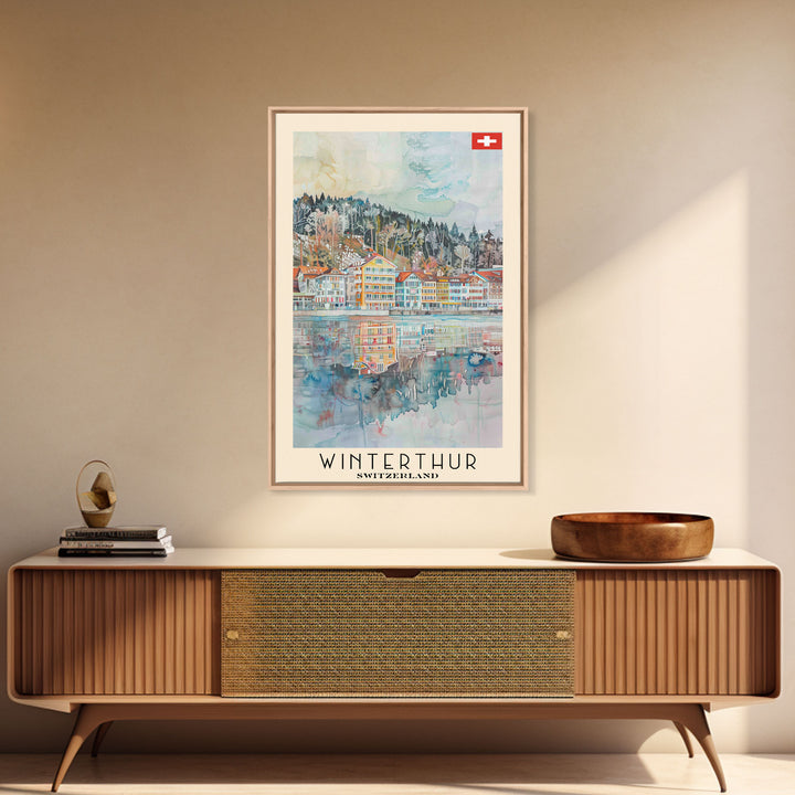 Winterthur Switzerland Travel Poster Framed Canvas Print, Watercolor Painting, Scenic Wall Art, Home Decor, Swiss Landscape, Thoughtful Gift