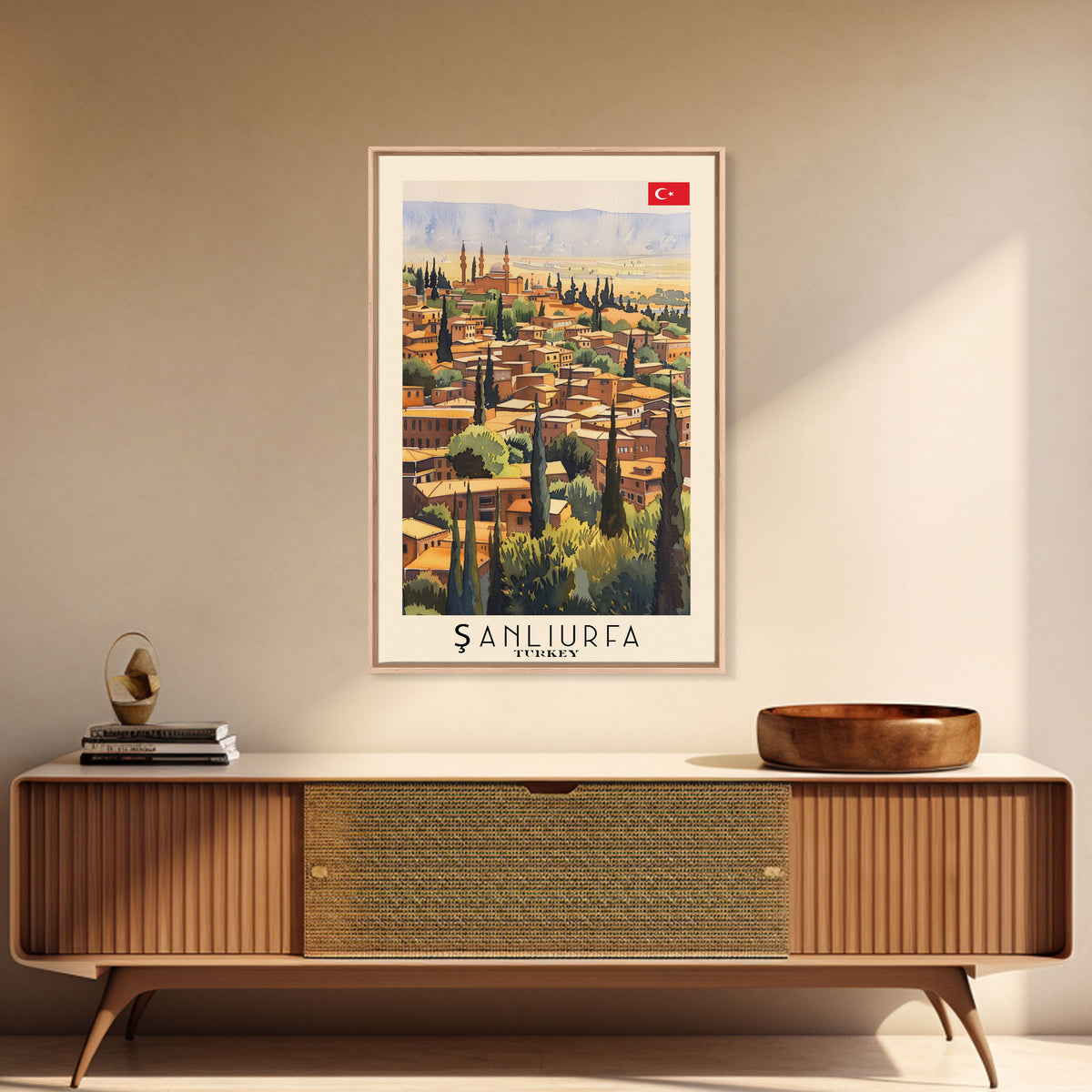 Historical Sanliurfa Panorama, Framed Canvas Print, Perfect for Bedroom Art, Travel Poster, Rustic Home Decoration, Watercolor Painting