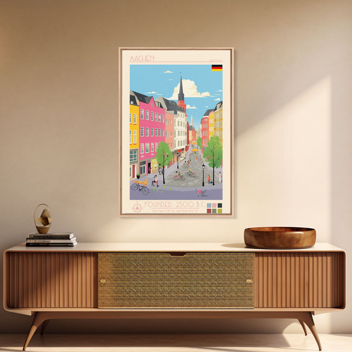 Aachen Germany Travel Poster Framed Canvas Print, Midcentury Modern Wall Art, Pop Art Home Decor, Vacation Gift, Living Room Art, Architectural Print