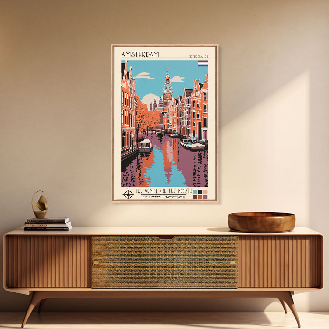 Amsterdam Netherlands Travel Poster Framed Canvas Print, Midcentury Modern Art, Pop Art Decor, Wall Art, Vacation Gift, Living Room Decoration, Scenic Print