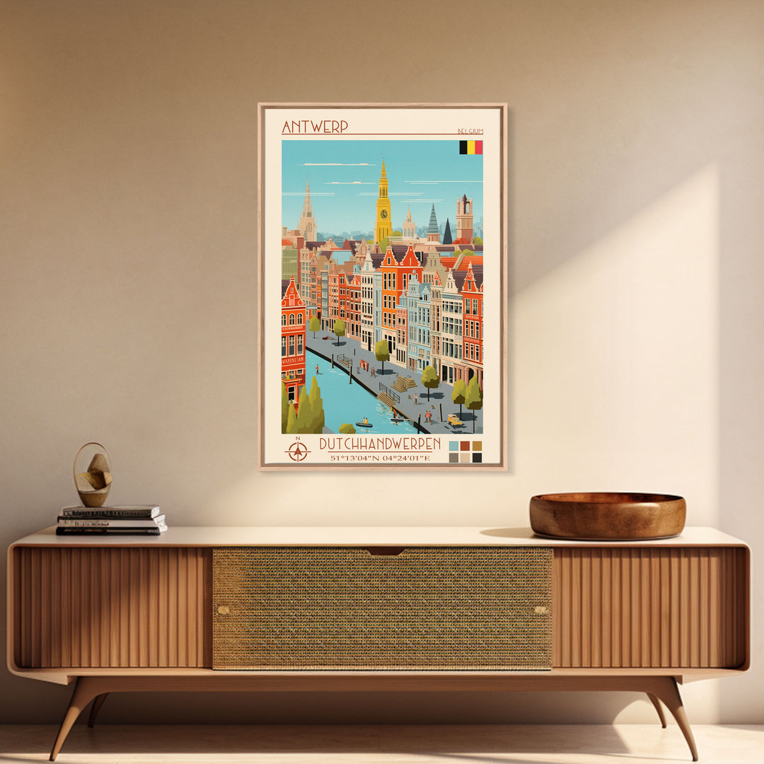 Antwerp Belgium Travel Poster Framed Canvas Print, Midcentury Modern Art, Pop Art Wall Decor, Home Decor, Vacation Gift, Living Room Art