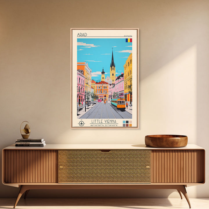Arad Romania Travel Poster Framed Canvas Print, Midcentury Modern Art, Pop Art Wall Decor, Home Decor, Vacation Gift, Living Room Art