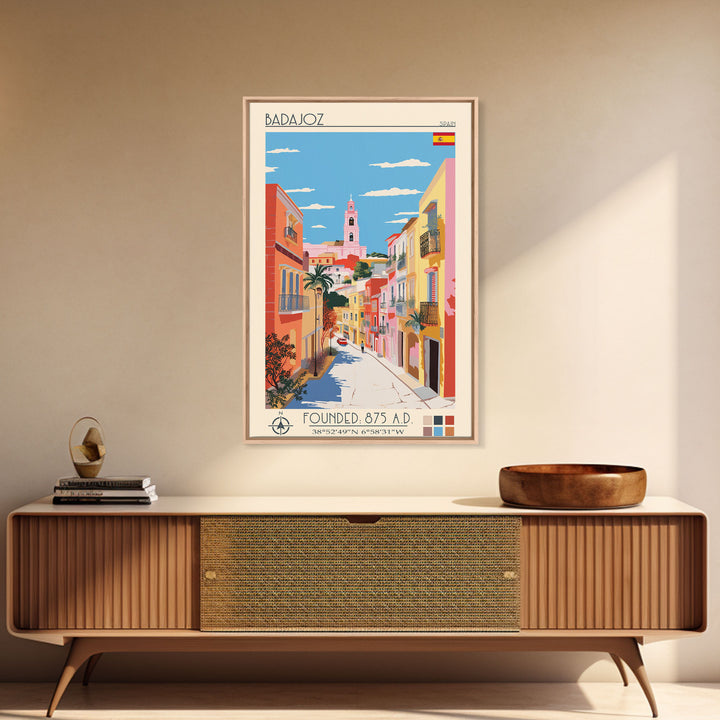 Badajoz Spain Travel Poster Framed Canvas Print, Midcentury Modern Art, Pop Art Wall Decor, Home Decor, Vacation Gift, Living Room Art