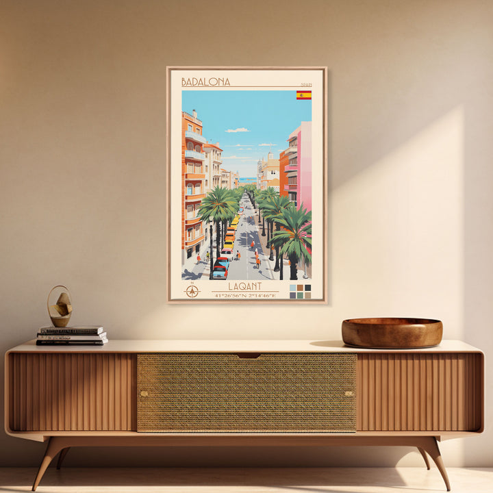 Badalona Spain Travel Poster Framed Canvas Print, Midcentury Modern Art, Pop Art Wall Decor, Home Decor, Vacation Gift, Living Room Art