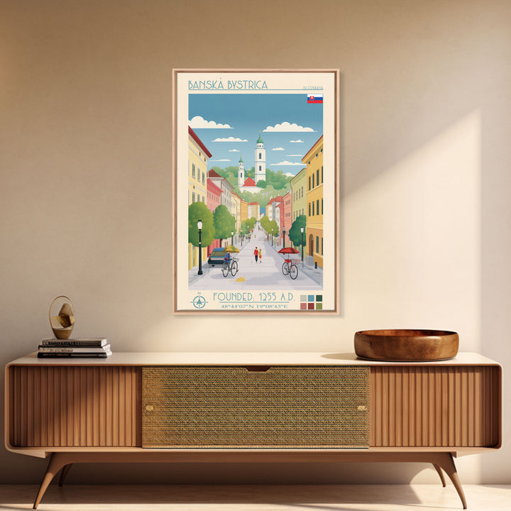 Banská Bystrica City in Slovakia Slovakia Travel Poster Framed Canvas Print, Midcentury Modern Art, Pop Art Wall Decor, Home Decor, Vacation Gift, Living Room Art