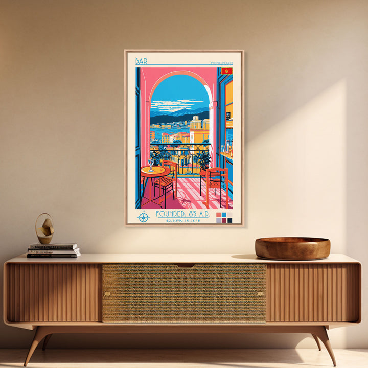 Bar Montenegro Travel Poster Framed Canvas Print, Midcentury Modern Art, Pop Art Wall Decor, Home Decor, Vacation Gift, Living Room Art