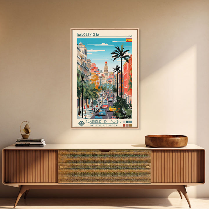 Barcelona Spain Travel Poster Framed Canvas Print, Midcentury Modern Art, Pop Art Wall Decor, Home Decor, Vacation Gift, Living Room Art