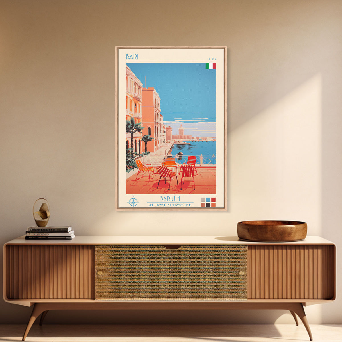 Bari Italy Travel Poster Framed Canvas Print, Midcentury Modern Art, Pop Art Wall Decor, Home Decor, Vacation Gift, Living Room Art