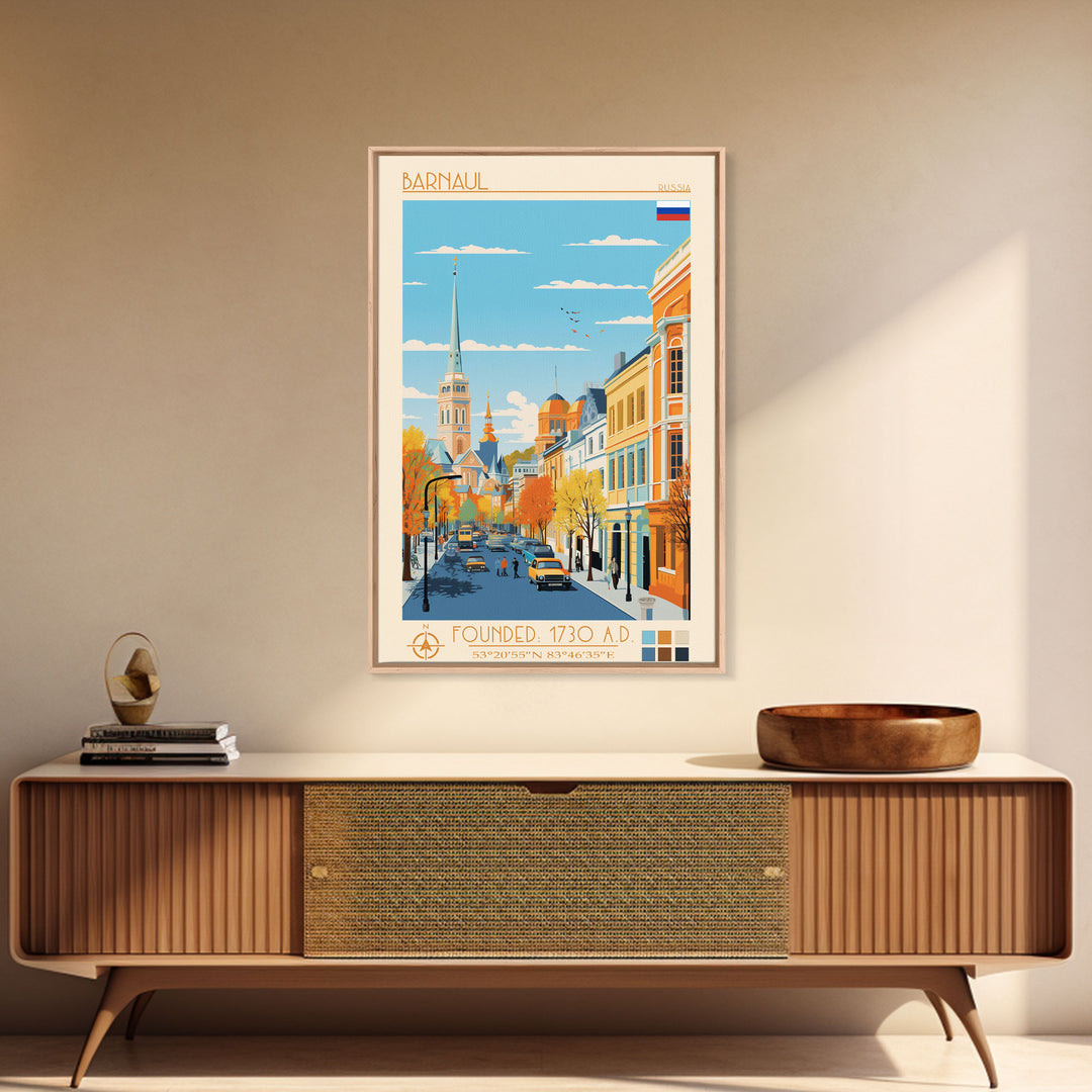 Barnaul Russia Travel Poster Framed Canvas Print, Midcentury Modern Art, Pop Art Wall Decor, Home Decor, Vacation Gift, Living Room Art
