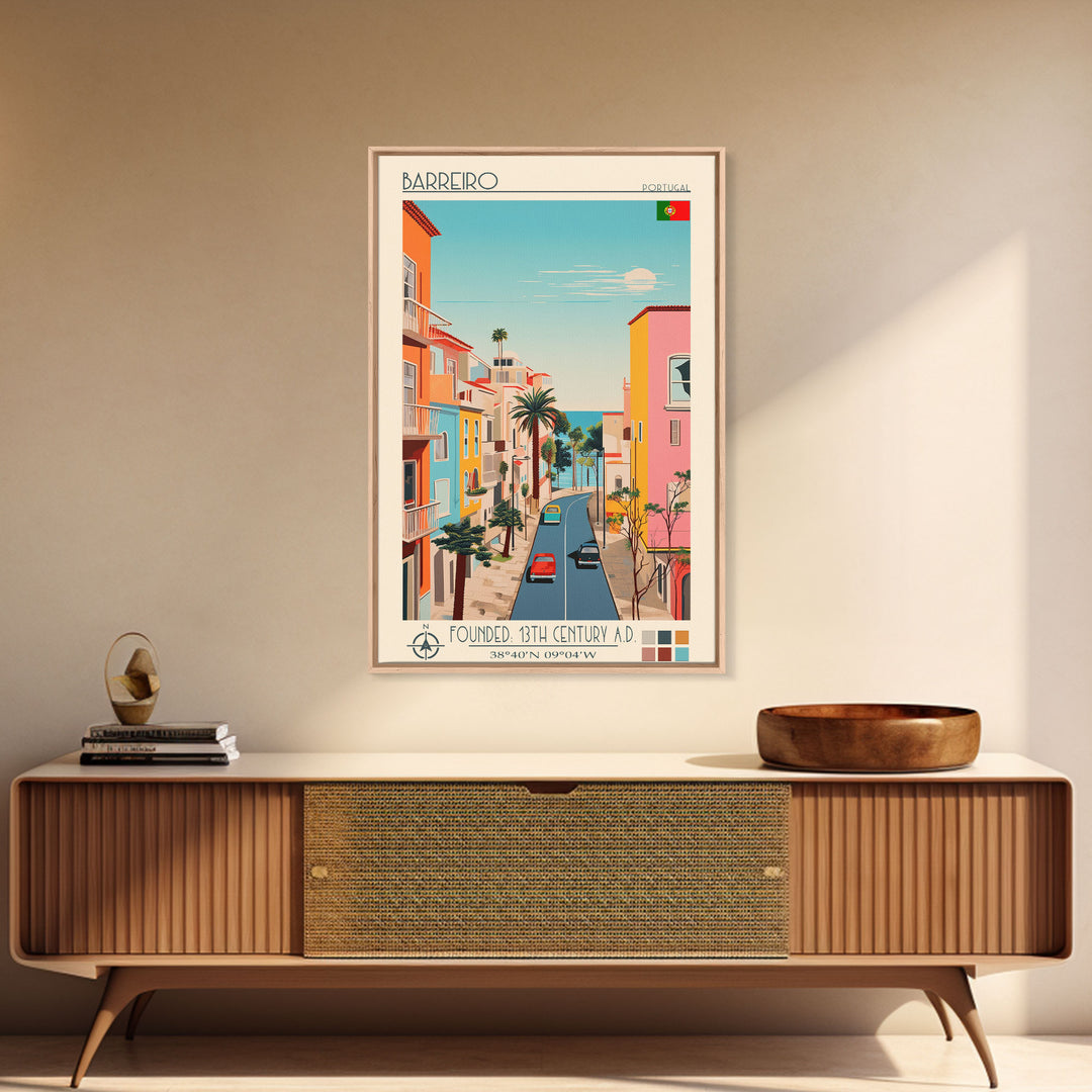 Barreiro Portugal Travel Poster Framed Canvas Print, Midcentury Modern Art, Pop Art Wall Decor, Home Decor, Vacation Gift, Living Room Art