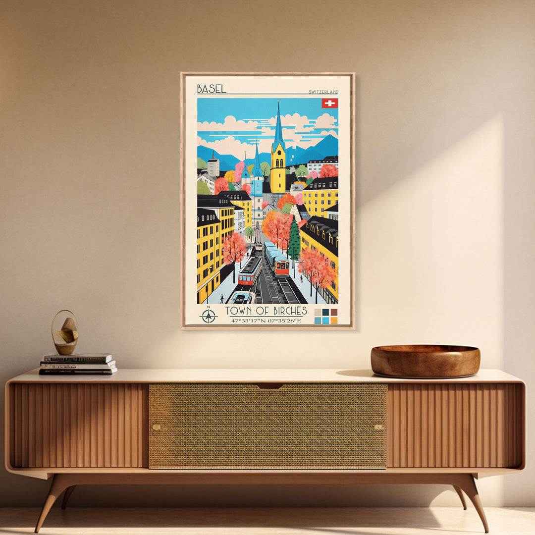 Basel Switzerland Travel Poster Framed Canvas Print, Midcentury Modern Art, Pop Art Wall Decor, Home Decor, Vacation Gift, Living Room Art