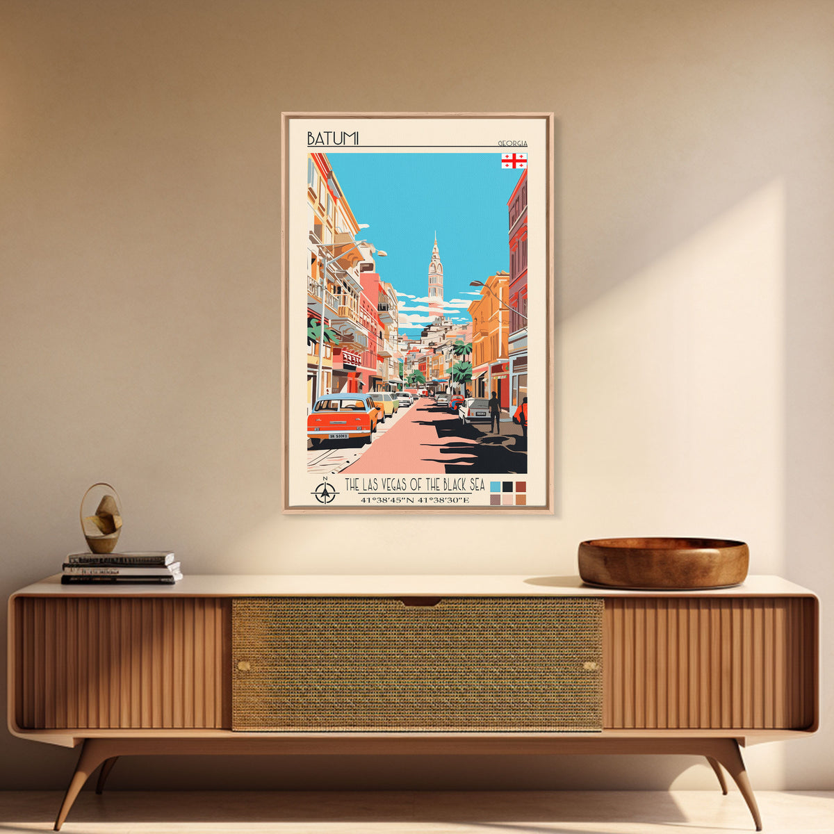Batumi Georgia Travel Poster Framed Canvas Print, Midcentury Modern Art, Pop Art Wall Decor, Home Decor, Vacation Gift, Living Room Art