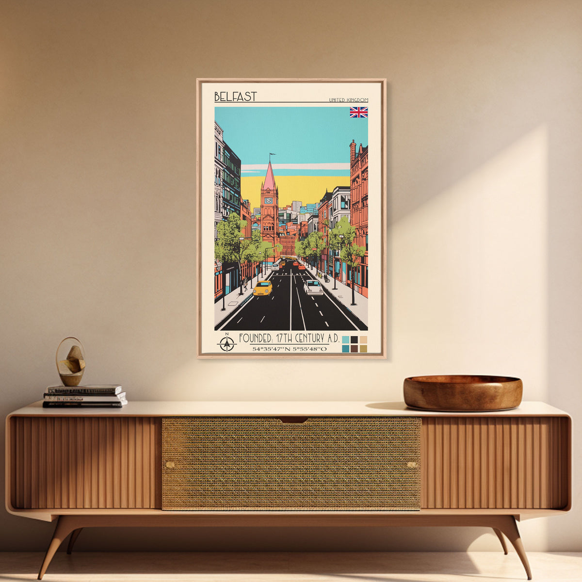 Belfast United Kingdom Travel Poster Framed Canvas Print, Midcentury Modern Art, Pop Art Wall Decor, Home Decor, Vacation Gift, Living Room Art