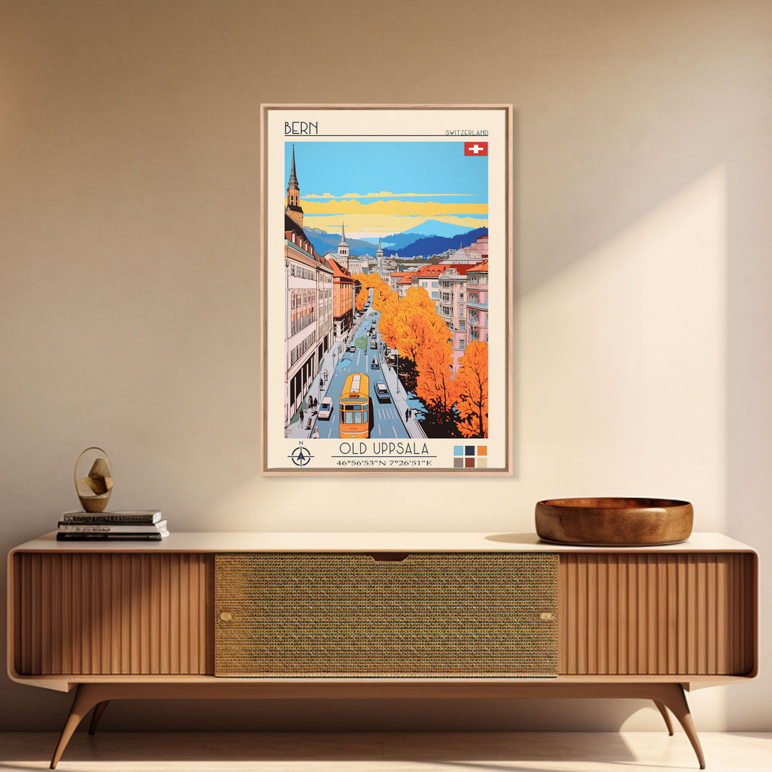 Bern Switzerland Travel Poster Framed Canvas Print, Midcentury Modern Art, Pop Art Wall Decor, Home Decor, Vacation Gift, Living Room Art