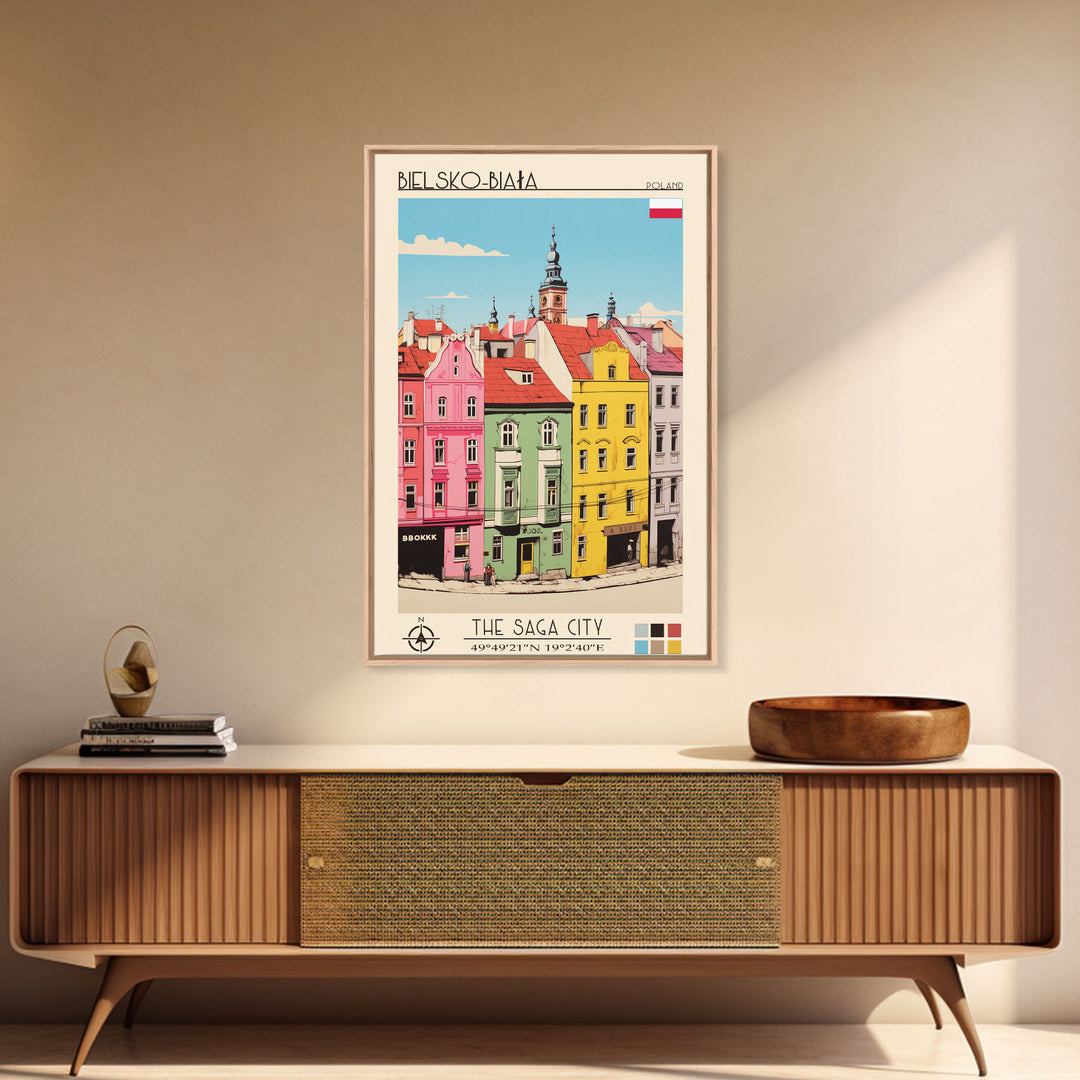 Bielsko-Biała Poland Travel Poster Framed Canvas Print, Vintage Style, Pop Art Home Decor, Scenic Wall Art, Living Room Decoration