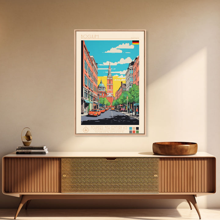 Bochum Germany Travel Poster Framed Canvas Print, Midcentury Modern Art, Pop Art Wall Decor, Home Decor, Living Room Art, Scenic View