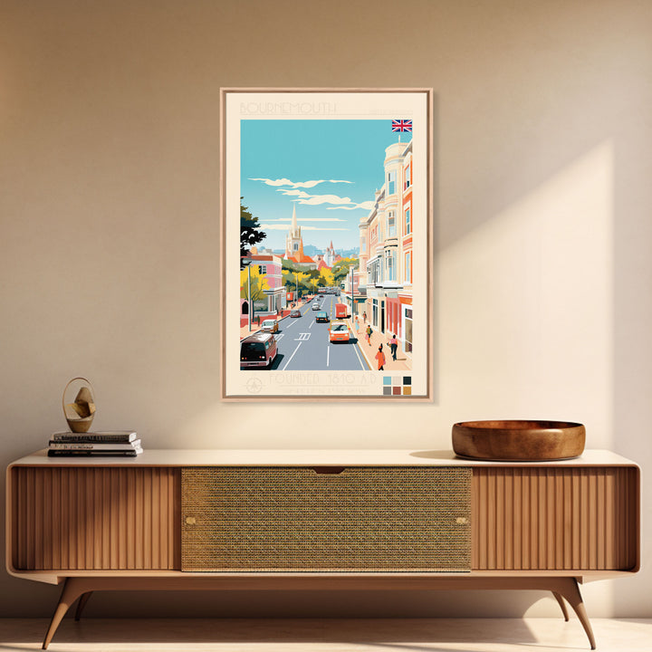 Bournemouth United Kingdom Travel Poster Framed Canvas Print, Midcentury Modern Art, Pop Art Wall Decor, Scenic Wall Art, Living Room Art