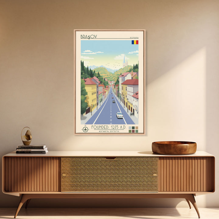 Brașov Romania Travel Poster Framed Canvas Print, Midcentury Modern Art, Pop Art Wall Decor, Home Decor, Vacation Gift, Living Room Art