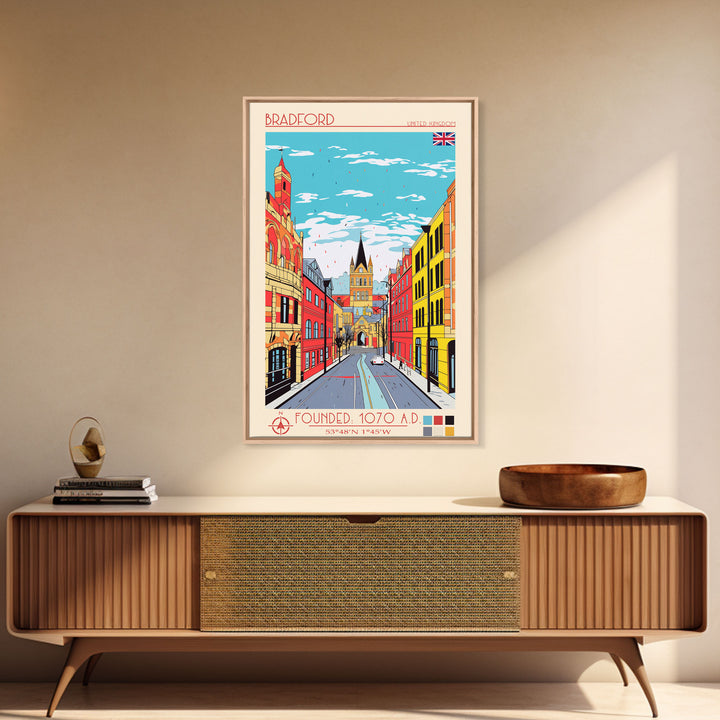 Bradford United Kingdom Travel Poster Framed Canvas Print, Midcentury Modern Art, Pop Art Wall Decor, Home Decor, Vacation Gift, Living Room Art