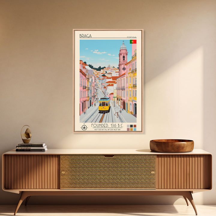 Braga Portugal Travel Poster Framed Canvas Print, Vintage Style, Pop Art Home Decor, Scenic Wall Art, Living Room Decoration, Artistic Gift