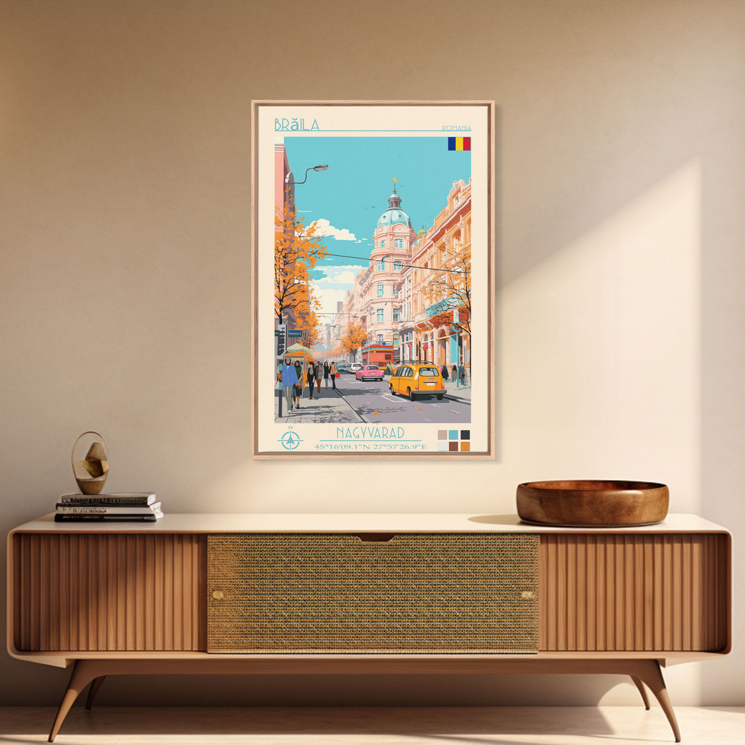Brăila Romania Travel Poster Framed Canvas Print, Midcentury Modern Art, Pop Art Wall Decor, Home Decor, Vacation Gift, Living Room Art