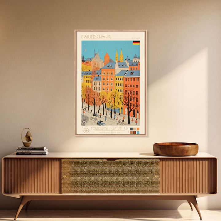 Braunschweig Germany Travel Poster Framed Canvas Print, Midcentury Modern Art, Pop Art Wall Decor, Scenic Wall Art, Home Decor, Living Room Art