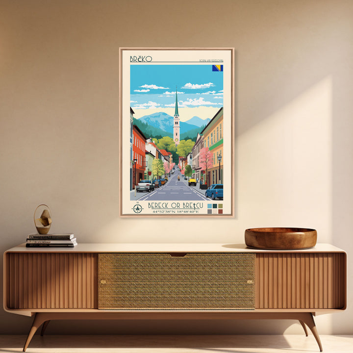 Brčko Bosnia and Herzegovina Travel Poster Framed Canvas Print, Midcentury Modern Art, Pop Art Wall Decor, Home Decor, Living Room Art